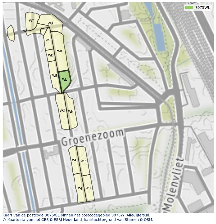 Afbeelding van het postcodegebied 3075 WL op de kaart.