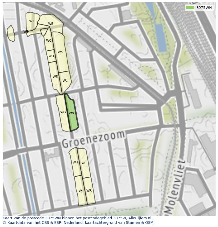 Afbeelding van het postcodegebied 3075 WN op de kaart.