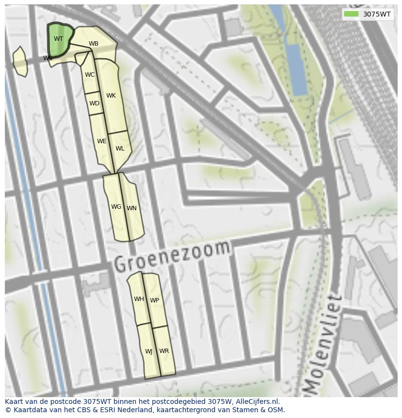 Afbeelding van het postcodegebied 3075 WT op de kaart.