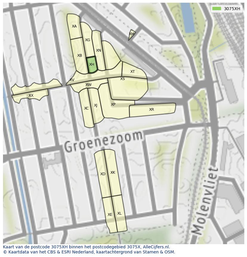 Afbeelding van het postcodegebied 3075 XH op de kaart.