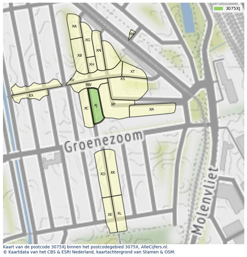 Afbeelding van het postcodegebied 3075 XJ op de kaart.