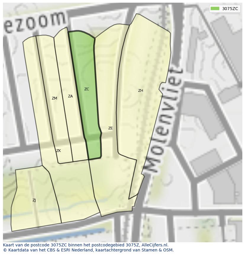Afbeelding van het postcodegebied 3075 ZC op de kaart.