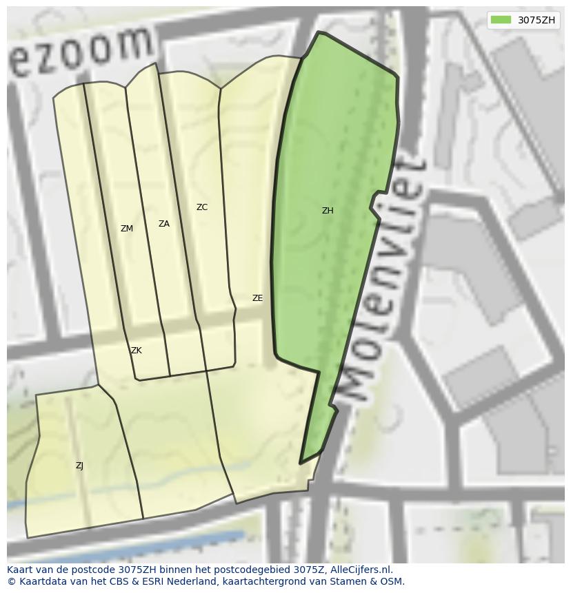Afbeelding van het postcodegebied 3075 ZH op de kaart.