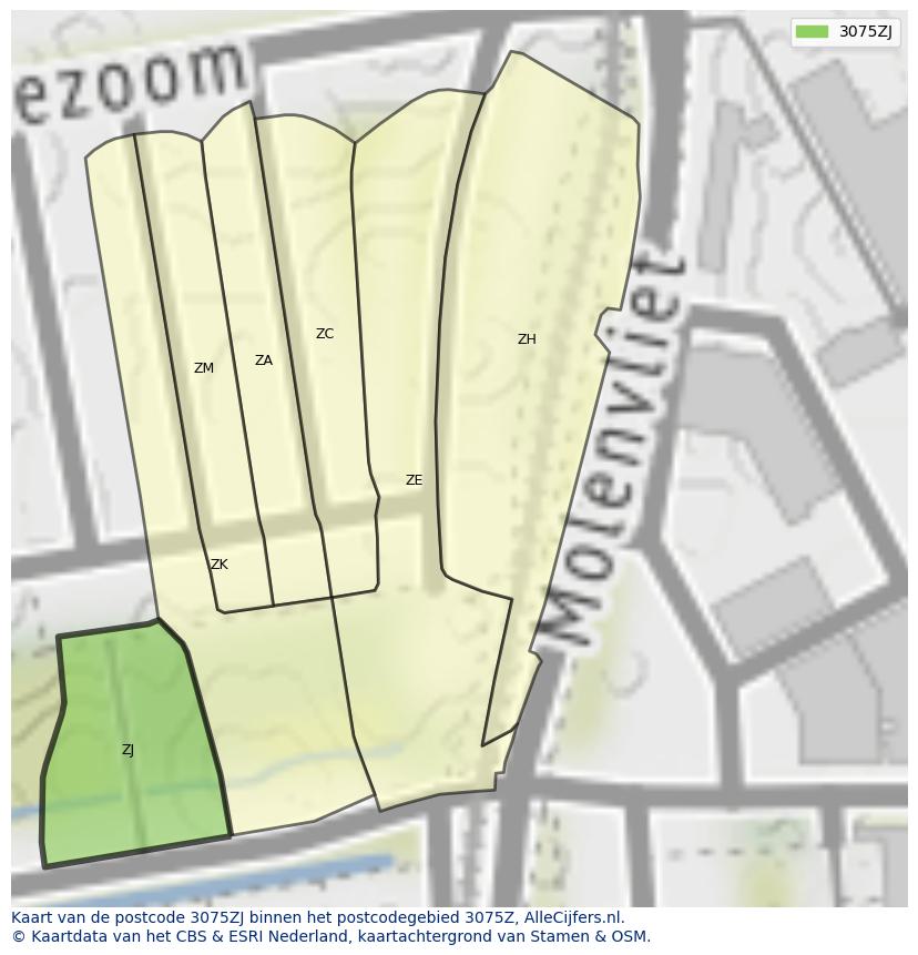 Afbeelding van het postcodegebied 3075 ZJ op de kaart.