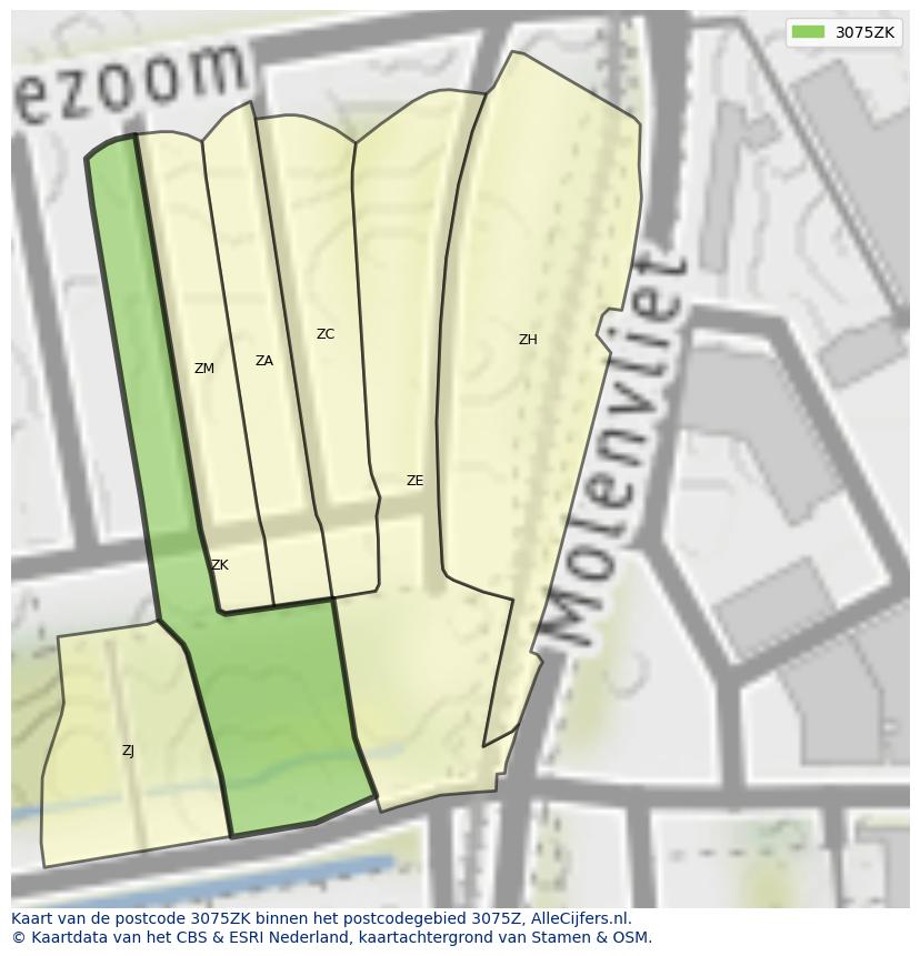 Afbeelding van het postcodegebied 3075 ZK op de kaart.