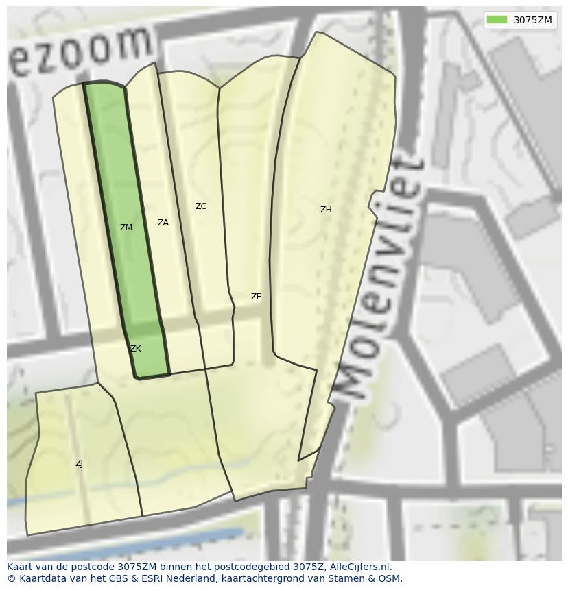 Afbeelding van het postcodegebied 3075 ZM op de kaart.