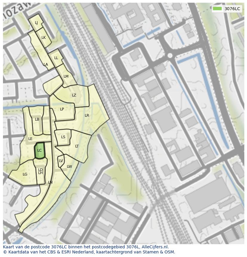 Afbeelding van het postcodegebied 3076 LC op de kaart.