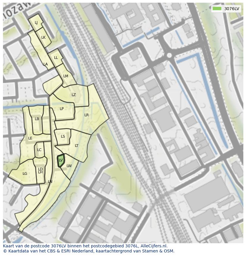 Afbeelding van het postcodegebied 3076 LV op de kaart.