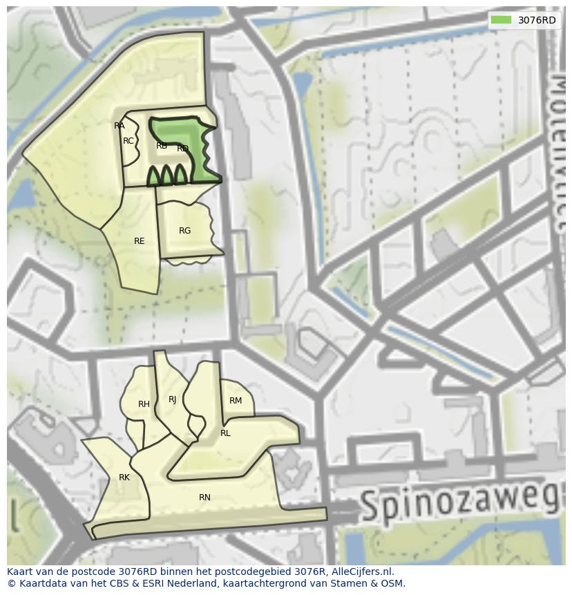Afbeelding van het postcodegebied 3076 RD op de kaart.