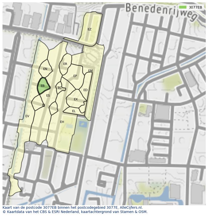Afbeelding van het postcodegebied 3077 EB op de kaart.