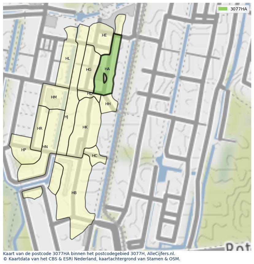 Afbeelding van het postcodegebied 3077 HA op de kaart.