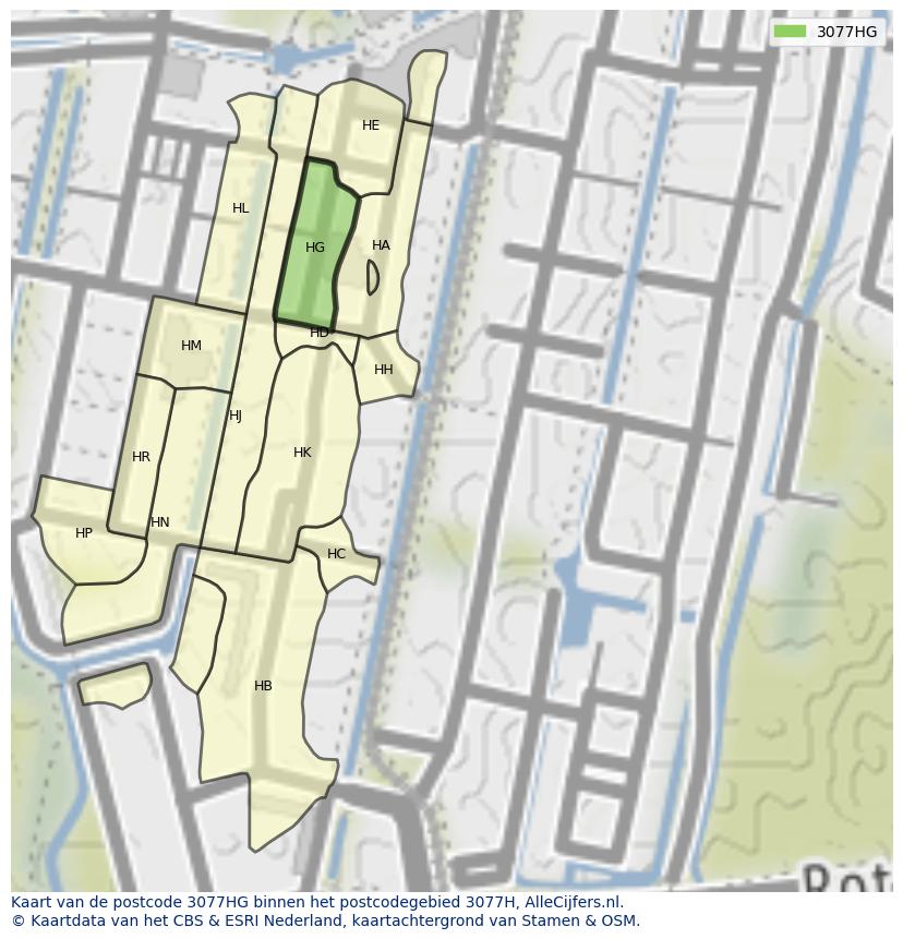 Afbeelding van het postcodegebied 3077 HG op de kaart.