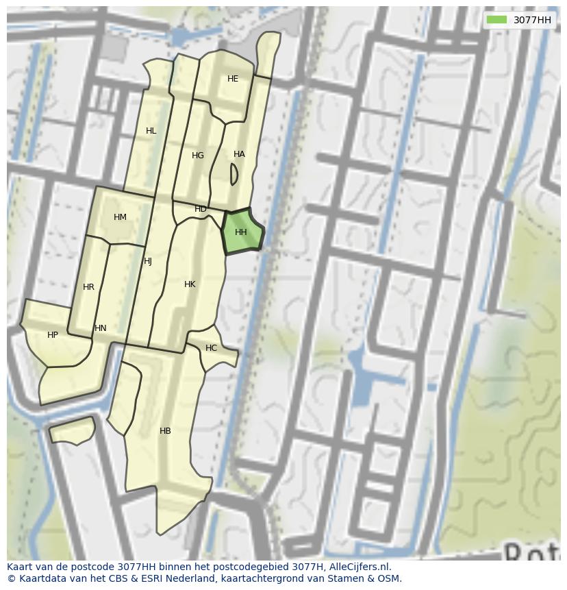 Afbeelding van het postcodegebied 3077 HH op de kaart.
