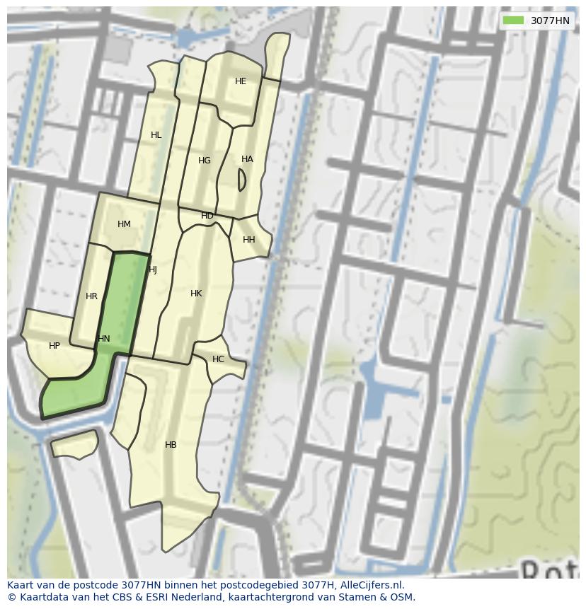Afbeelding van het postcodegebied 3077 HN op de kaart.