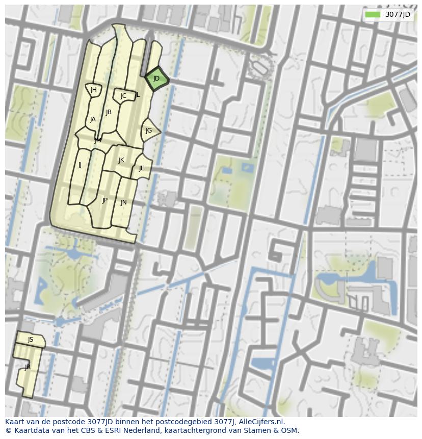 Afbeelding van het postcodegebied 3077 JD op de kaart.