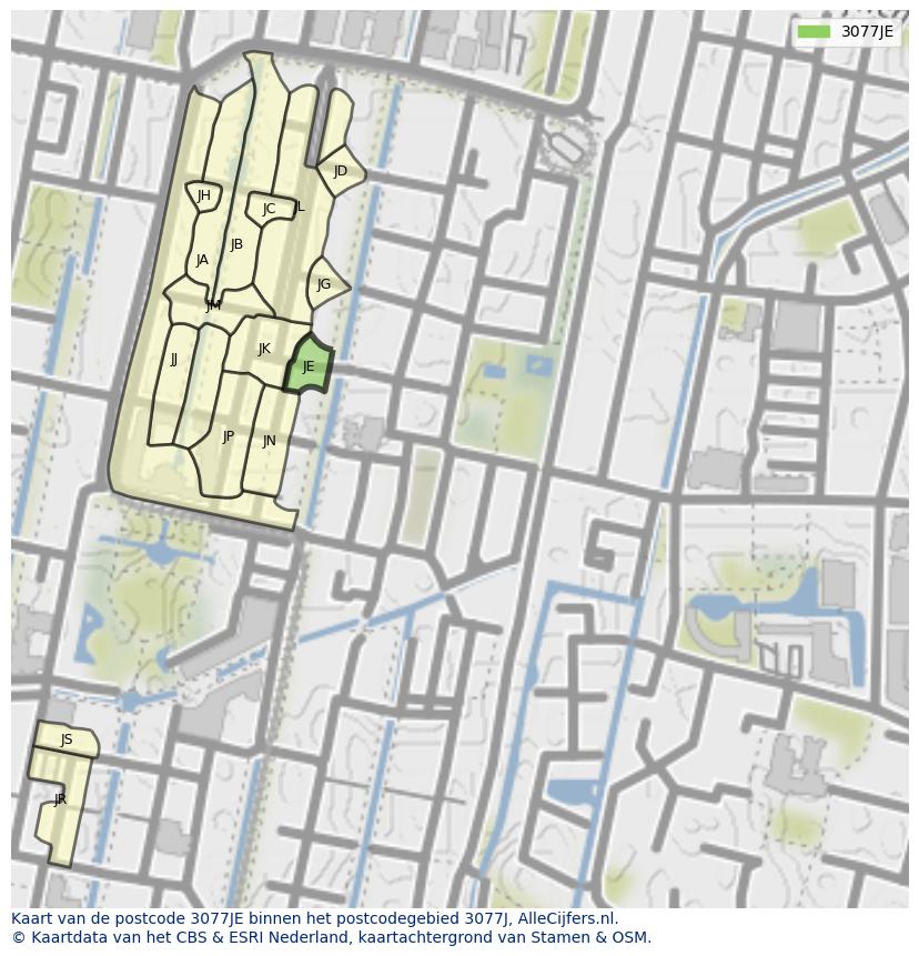 Afbeelding van het postcodegebied 3077 JE op de kaart.