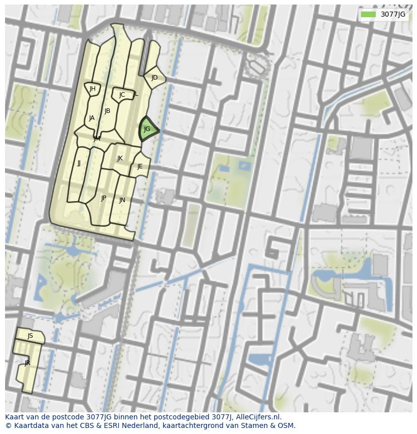 Afbeelding van het postcodegebied 3077 JG op de kaart.
