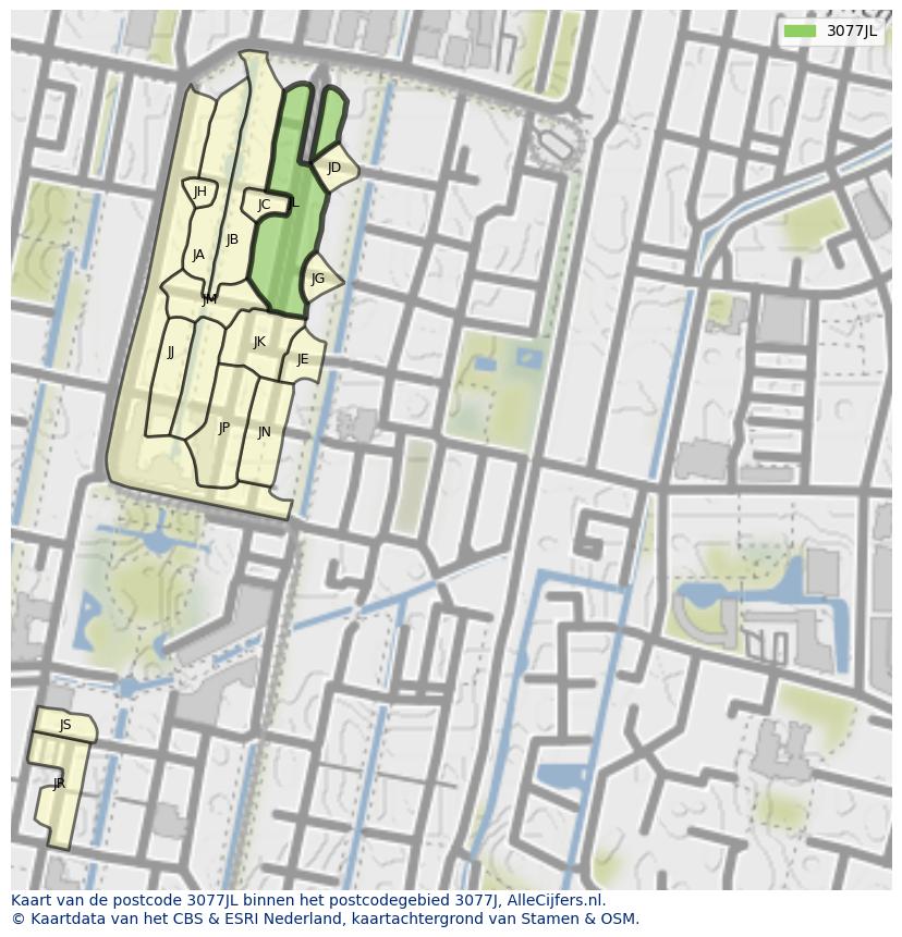 Afbeelding van het postcodegebied 3077 JL op de kaart.