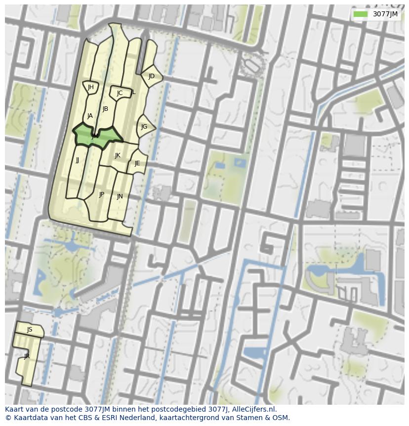 Afbeelding van het postcodegebied 3077 JM op de kaart.