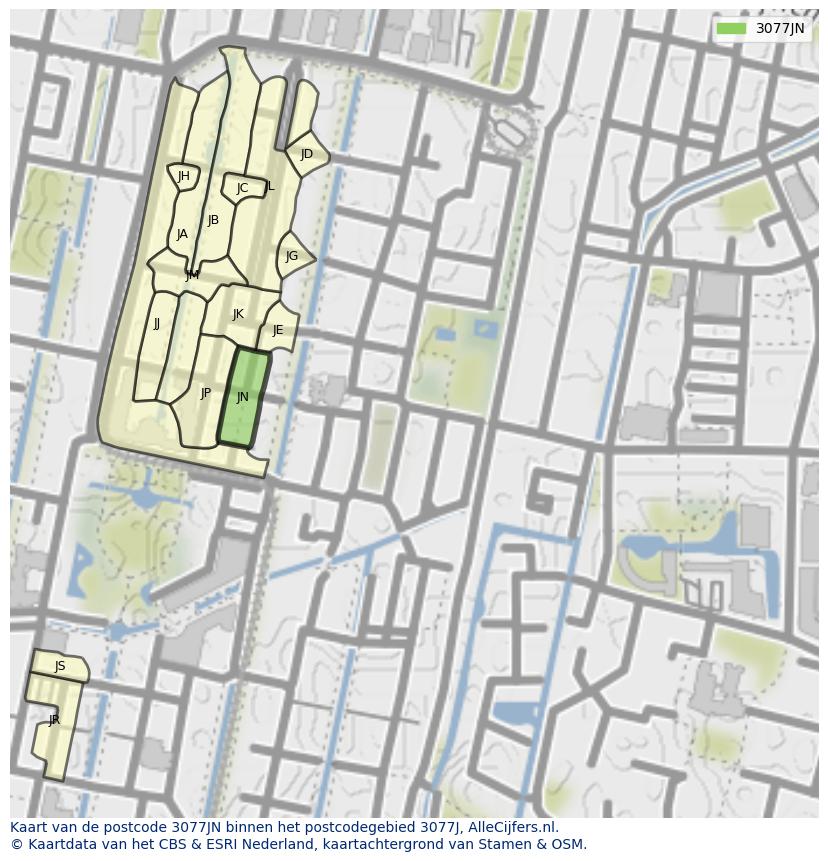 Afbeelding van het postcodegebied 3077 JN op de kaart.