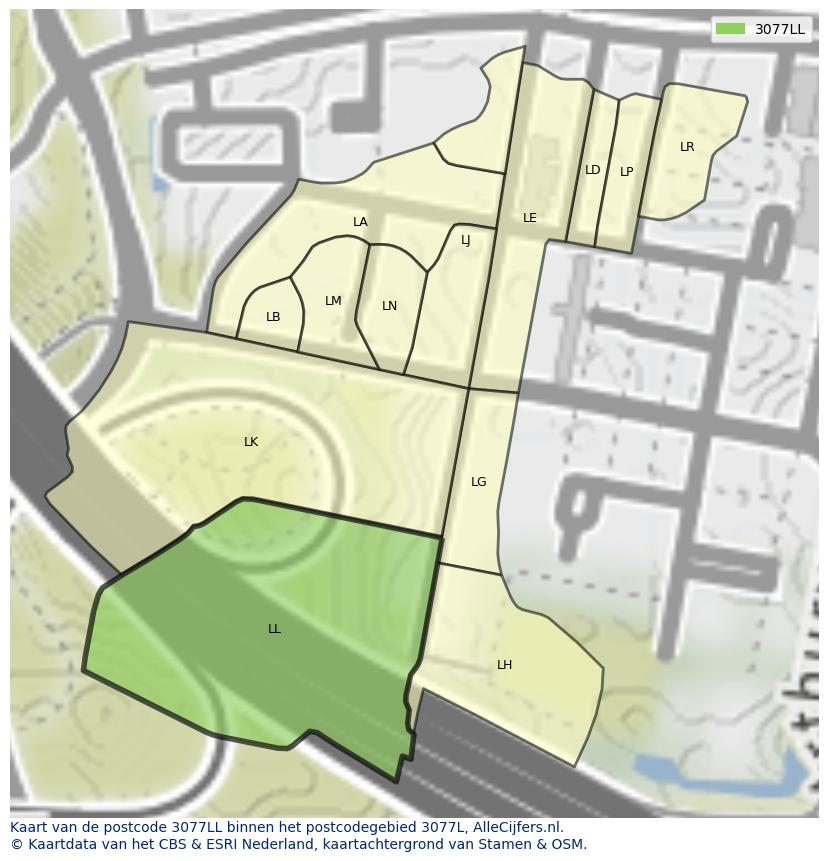 Afbeelding van het postcodegebied 3077 LL op de kaart.