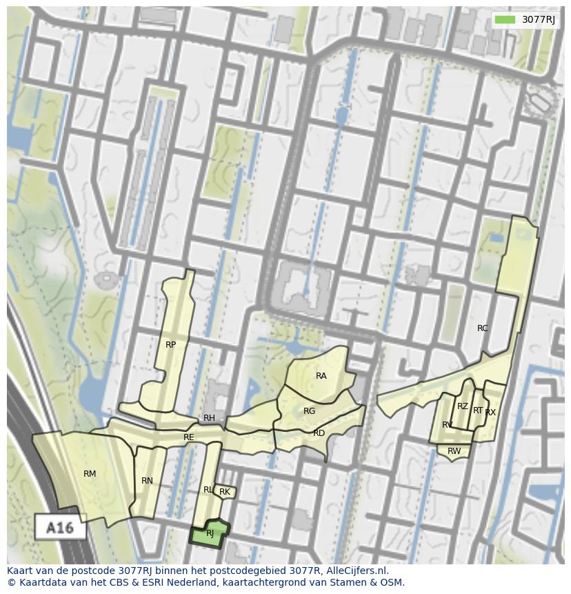 Afbeelding van het postcodegebied 3077 RJ op de kaart.