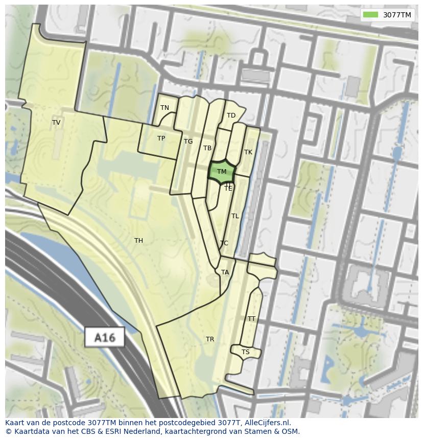Afbeelding van het postcodegebied 3077 TM op de kaart.
