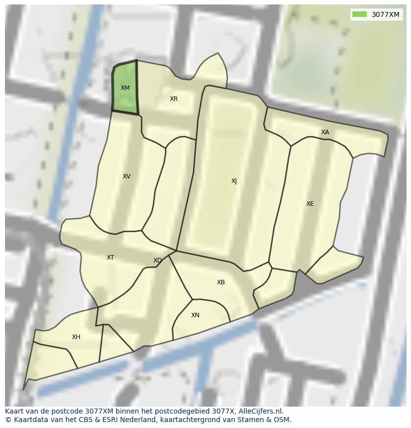 Afbeelding van het postcodegebied 3077 XM op de kaart.