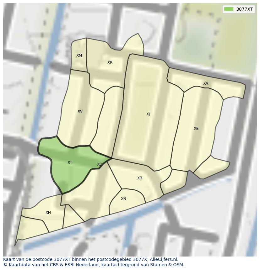 Afbeelding van het postcodegebied 3077 XT op de kaart.