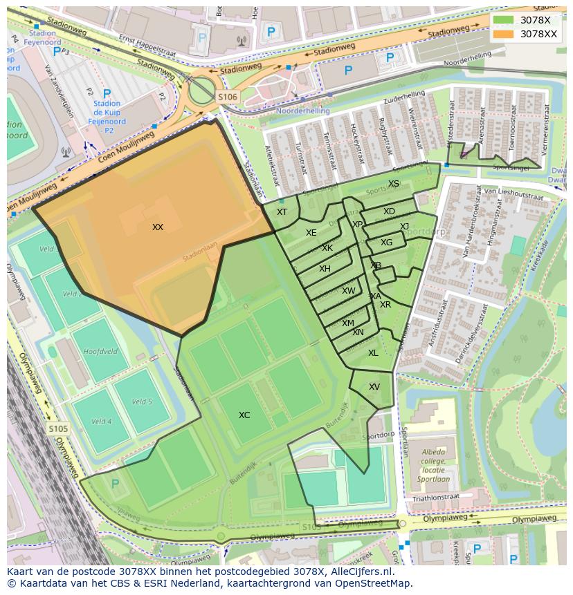 Afbeelding van het postcodegebied 3078 XX op de kaart.