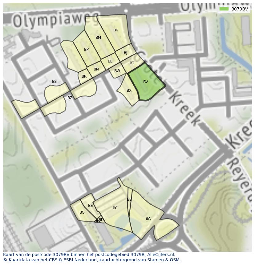 Afbeelding van het postcodegebied 3079 BV op de kaart.