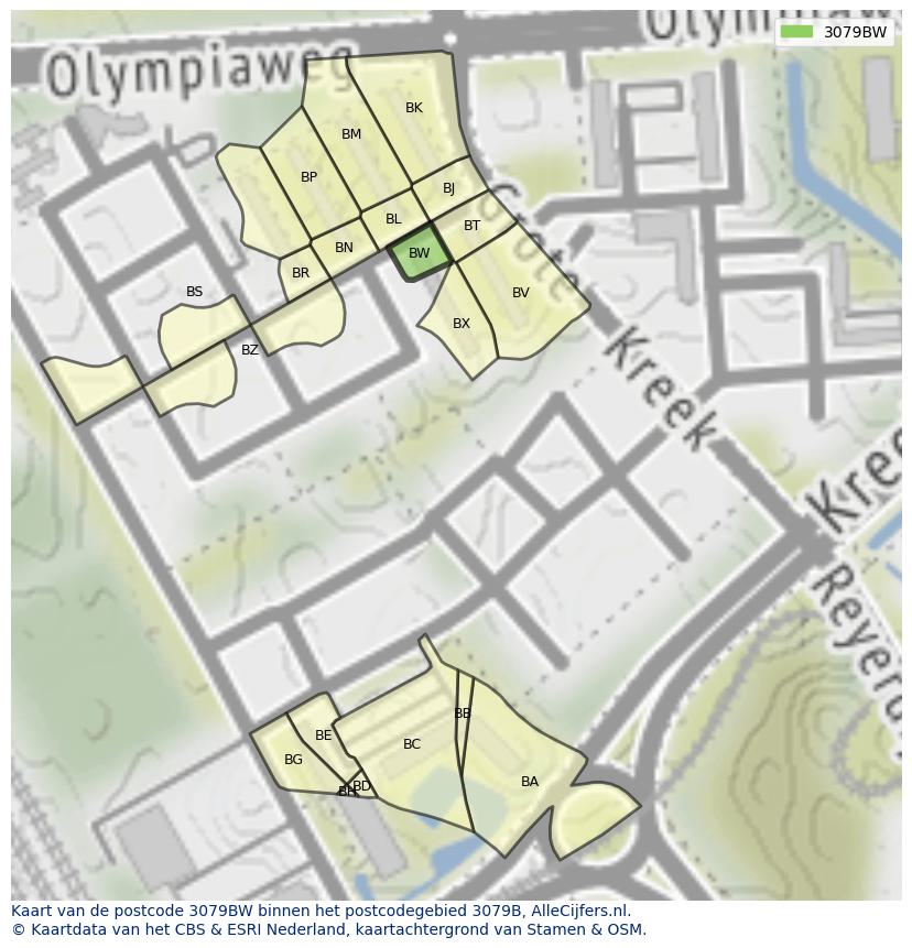 Afbeelding van het postcodegebied 3079 BW op de kaart.
