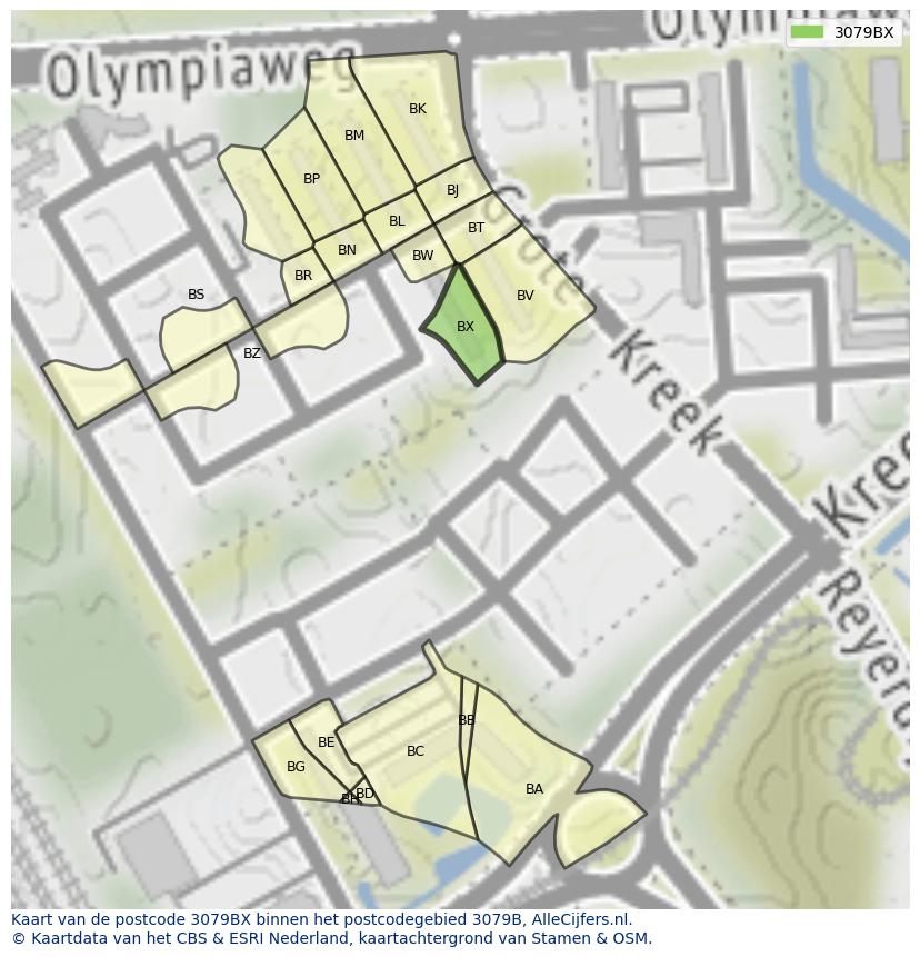 Afbeelding van het postcodegebied 3079 BX op de kaart.
