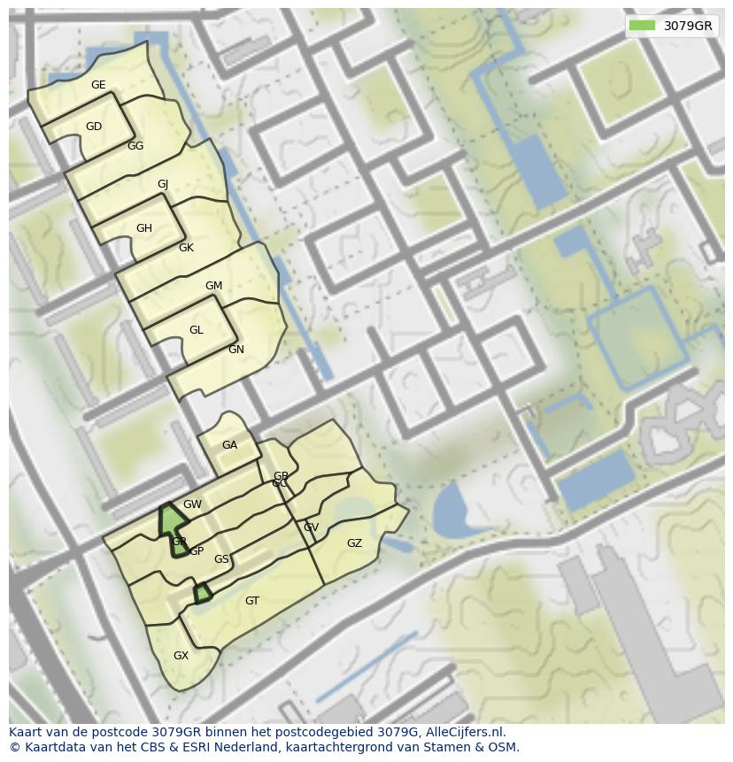 Afbeelding van het postcodegebied 3079 GR op de kaart.