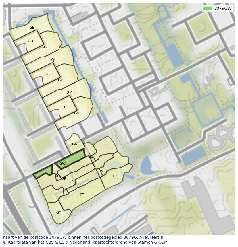 Afbeelding van het postcodegebied 3079 GW op de kaart.