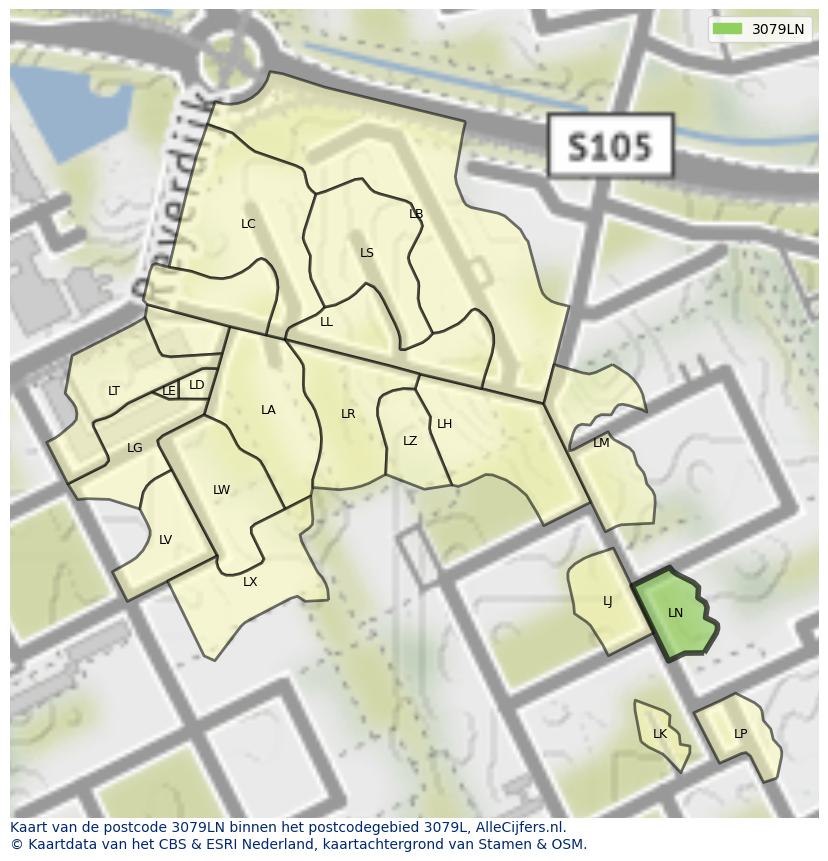 Afbeelding van het postcodegebied 3079 LN op de kaart.
