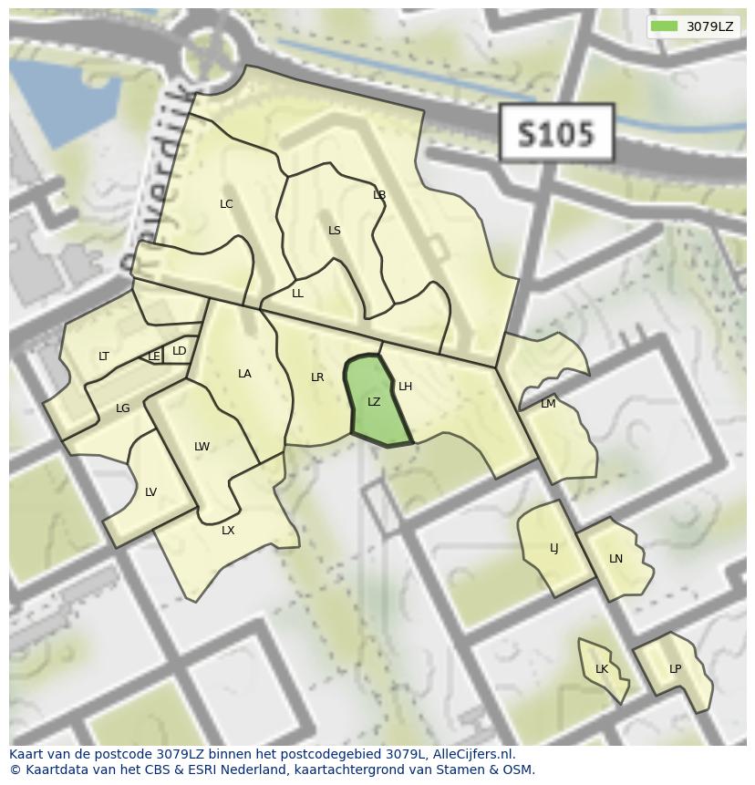 Afbeelding van het postcodegebied 3079 LZ op de kaart.