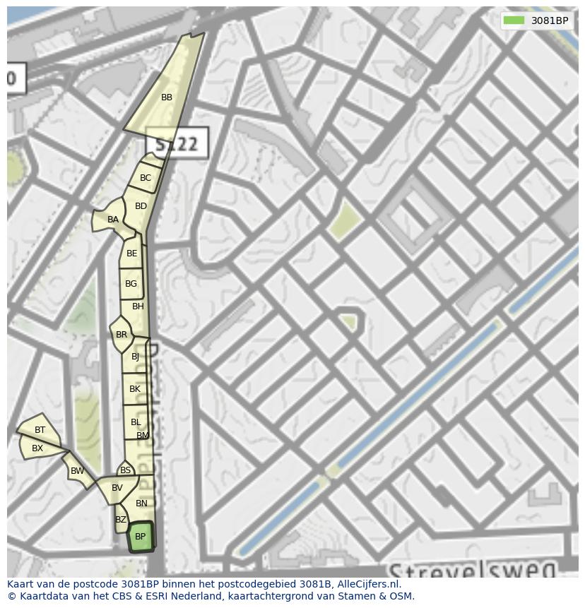 Afbeelding van het postcodegebied 3081 BP op de kaart.