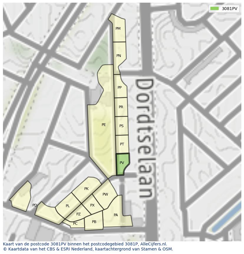 Afbeelding van het postcodegebied 3081 PV op de kaart.