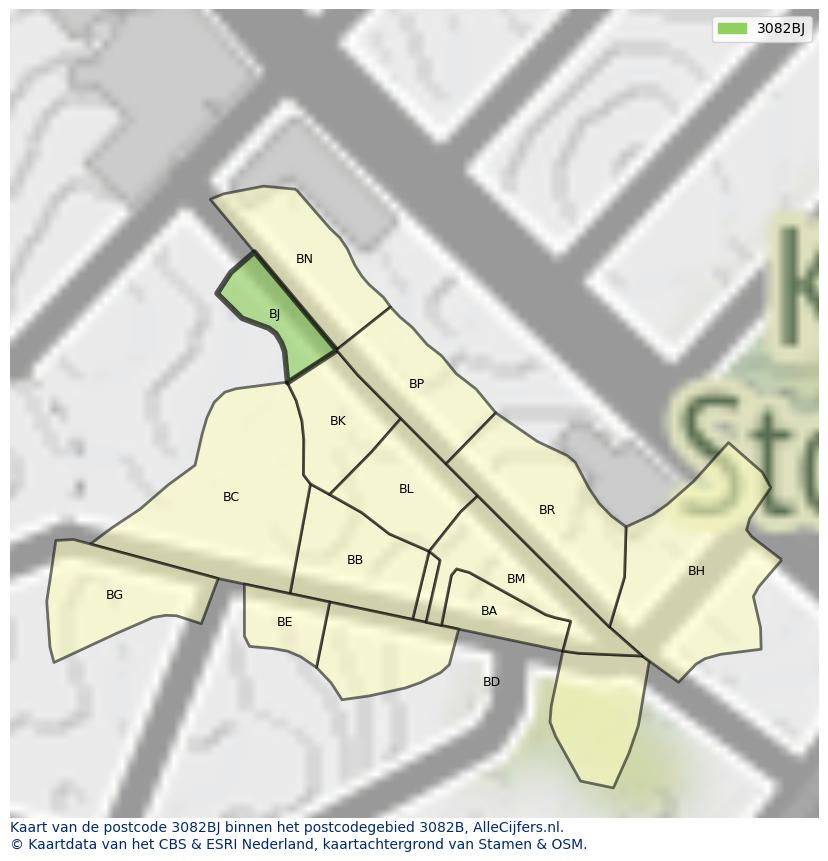 Afbeelding van het postcodegebied 3082 BJ op de kaart.