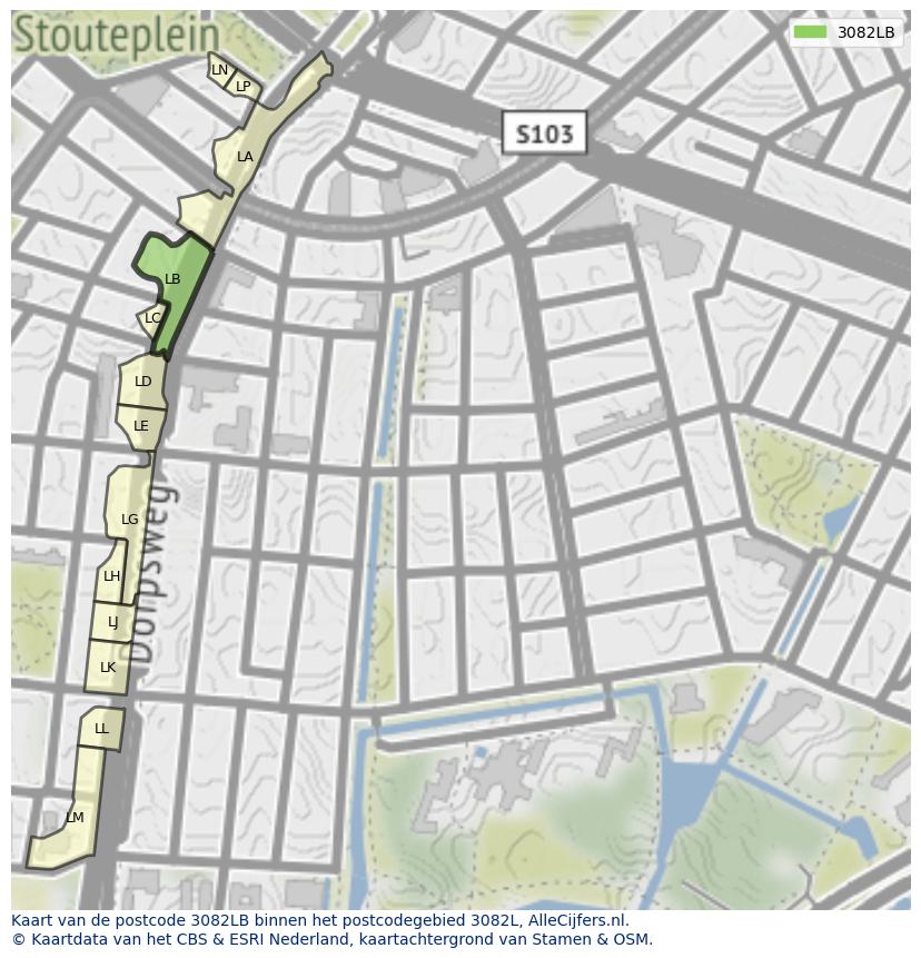 Afbeelding van het postcodegebied 3082 LB op de kaart.