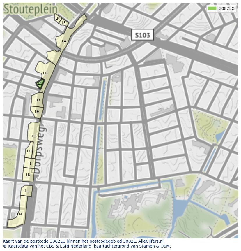 Afbeelding van het postcodegebied 3082 LC op de kaart.