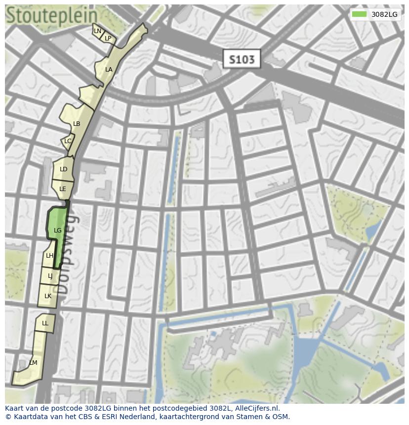 Afbeelding van het postcodegebied 3082 LG op de kaart.