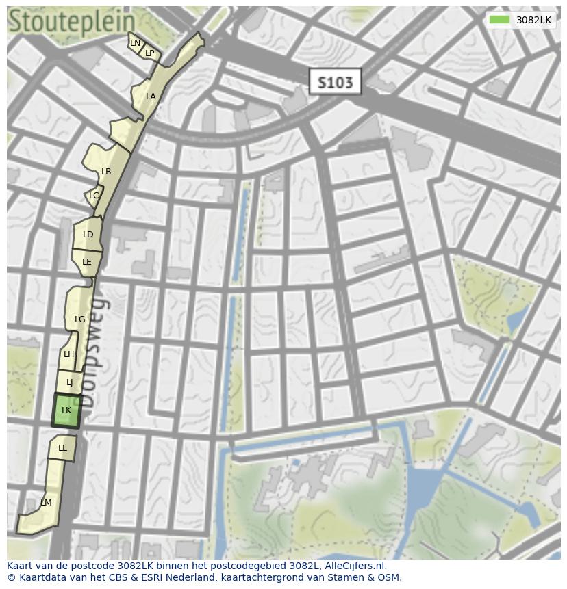 Afbeelding van het postcodegebied 3082 LK op de kaart.