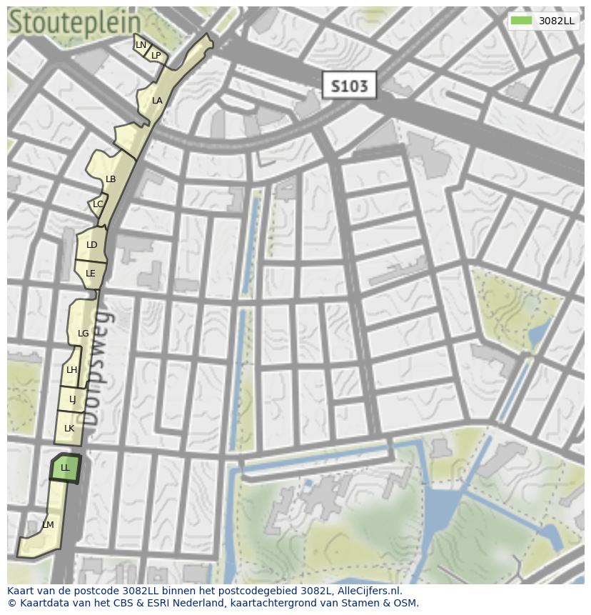 Afbeelding van het postcodegebied 3082 LL op de kaart.