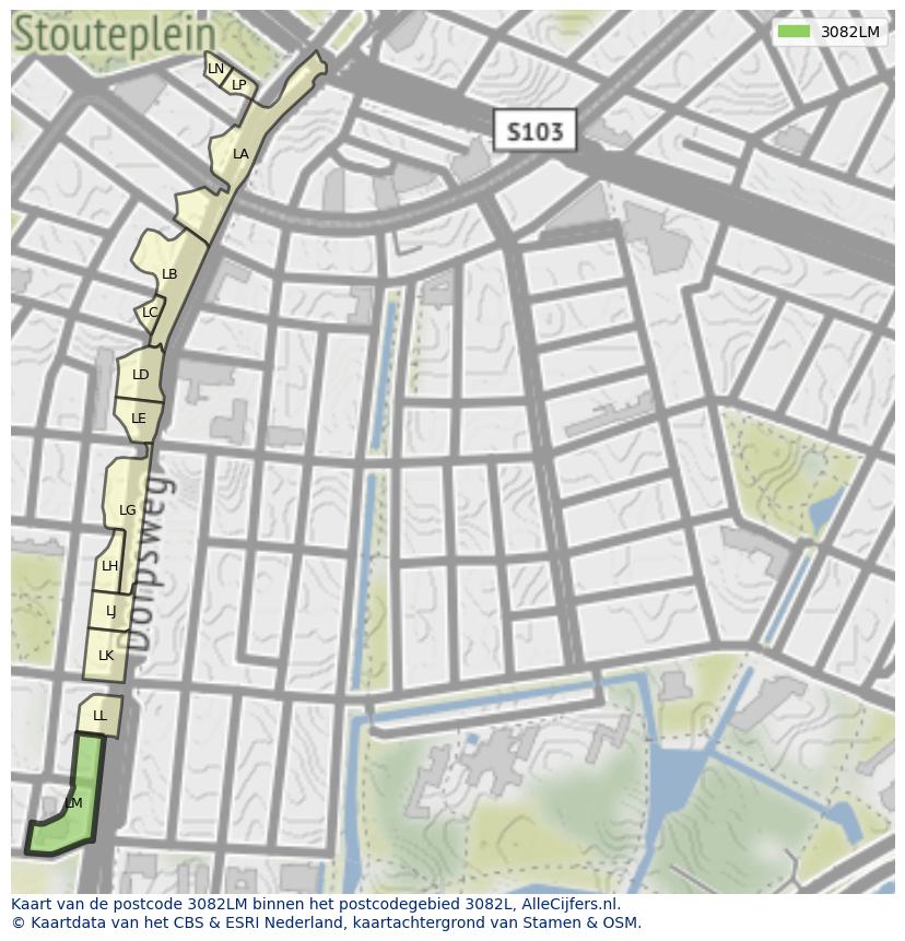 Afbeelding van het postcodegebied 3082 LM op de kaart.