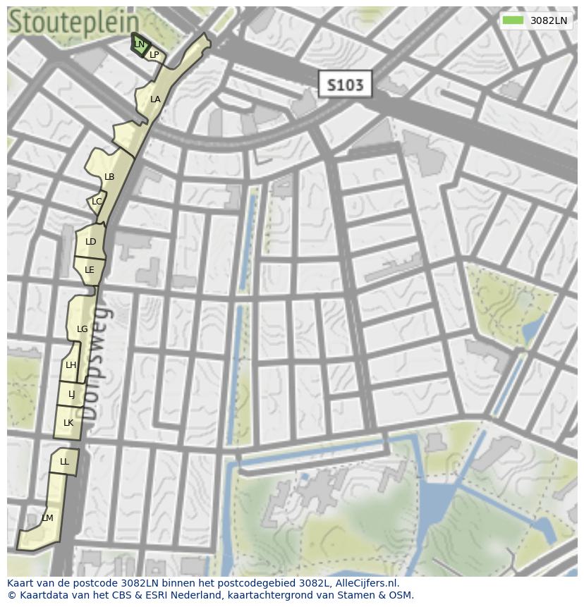 Afbeelding van het postcodegebied 3082 LN op de kaart.