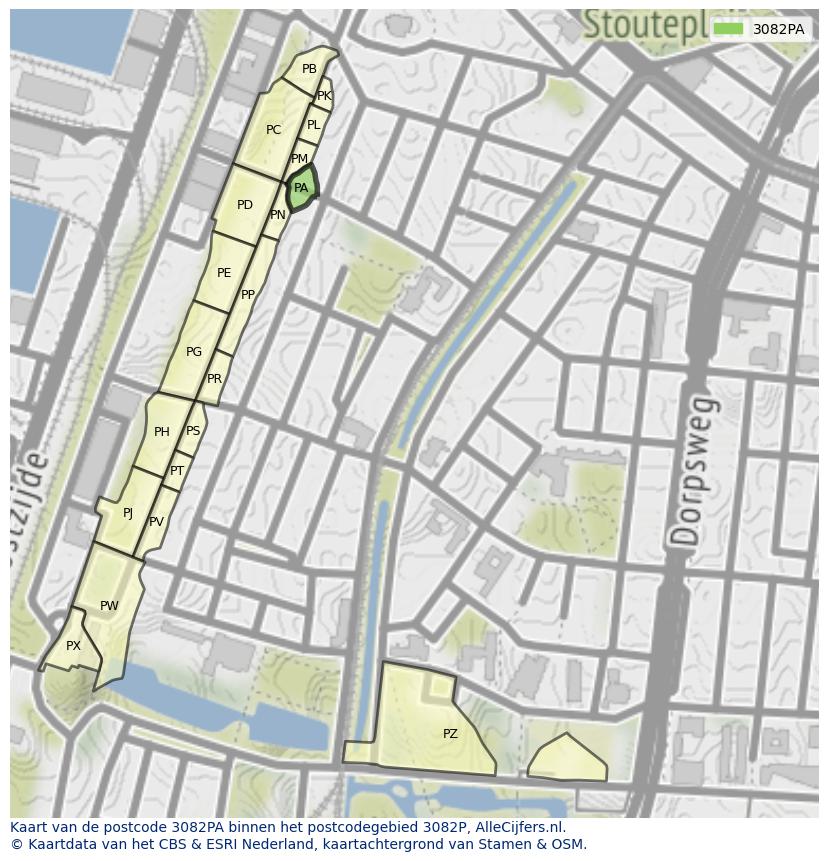 Afbeelding van het postcodegebied 3082 PA op de kaart.