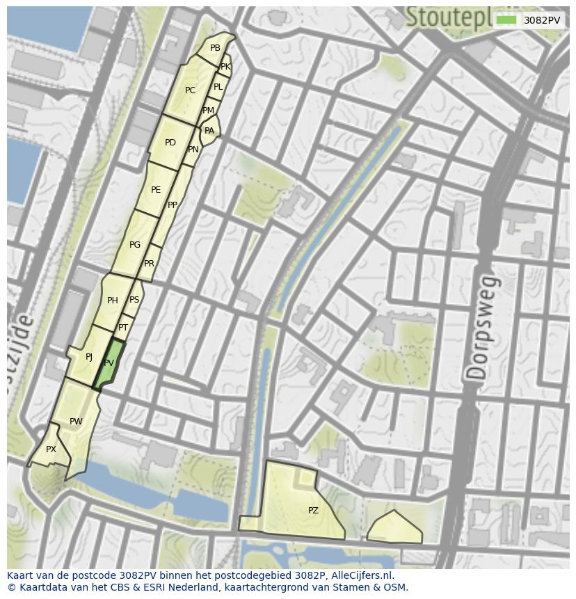 Afbeelding van het postcodegebied 3082 PV op de kaart.