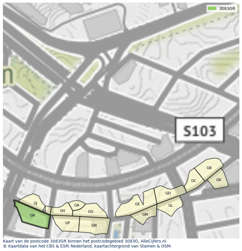 Afbeelding van het postcodegebied 3083 GR op de kaart.